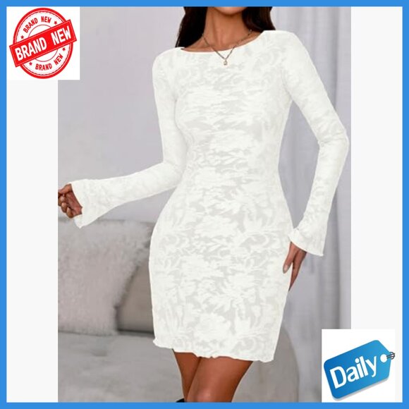 Mesh Bodycon Mini Dress Long Sleeve Floral Fall Party Date Night - Picture 4 of 7